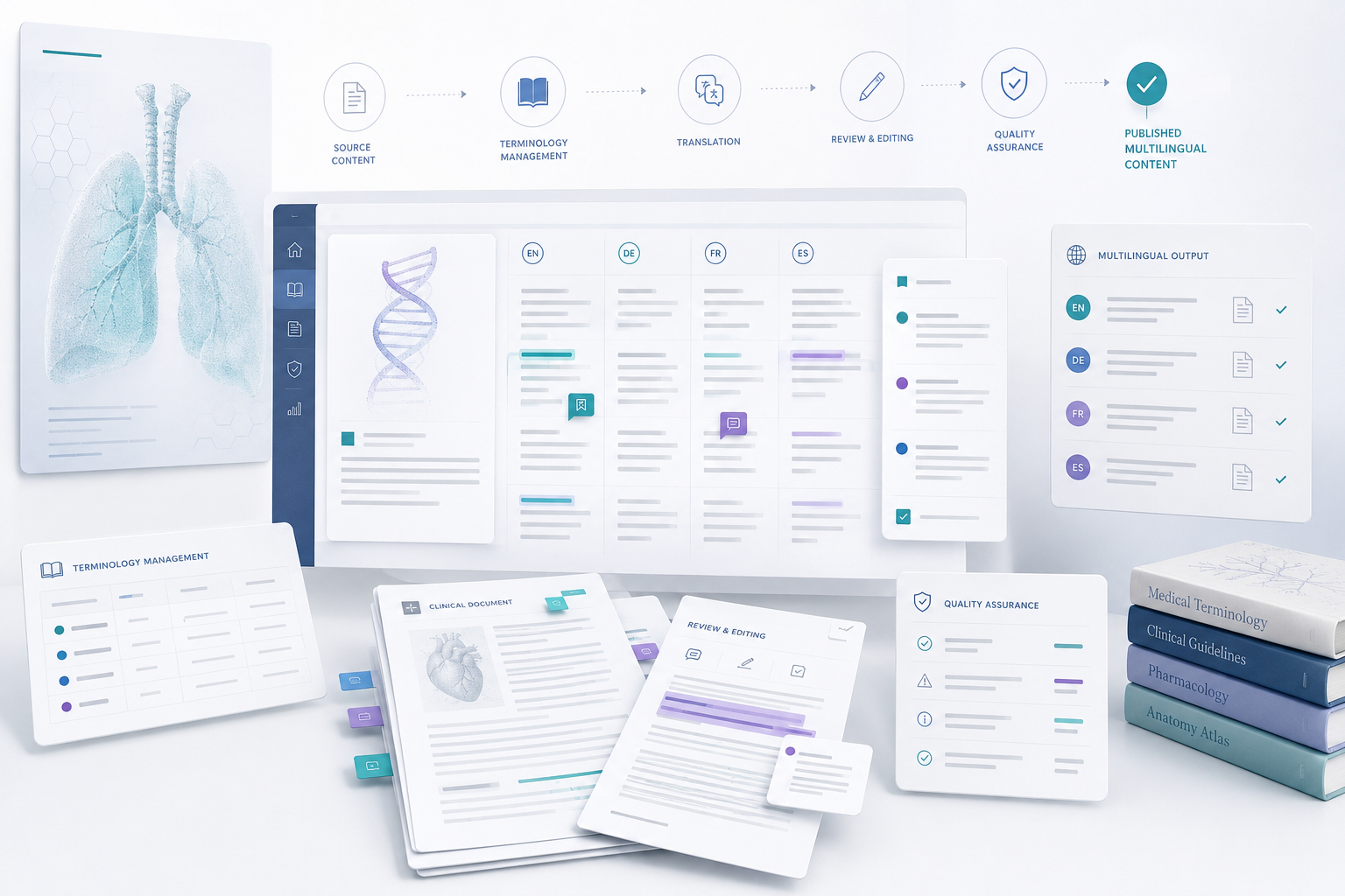 medical-translation-qa-healthcare-localization-workflow Healthcare localization workflow showing medical terminology management, translation review and multilingual quality assurance.