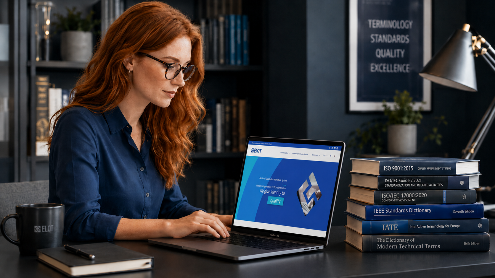 Red-haired terminologist wearing glasses works at a MacBook Pro showing the ELOT website, with technical dictionaries and standards references on the desk.