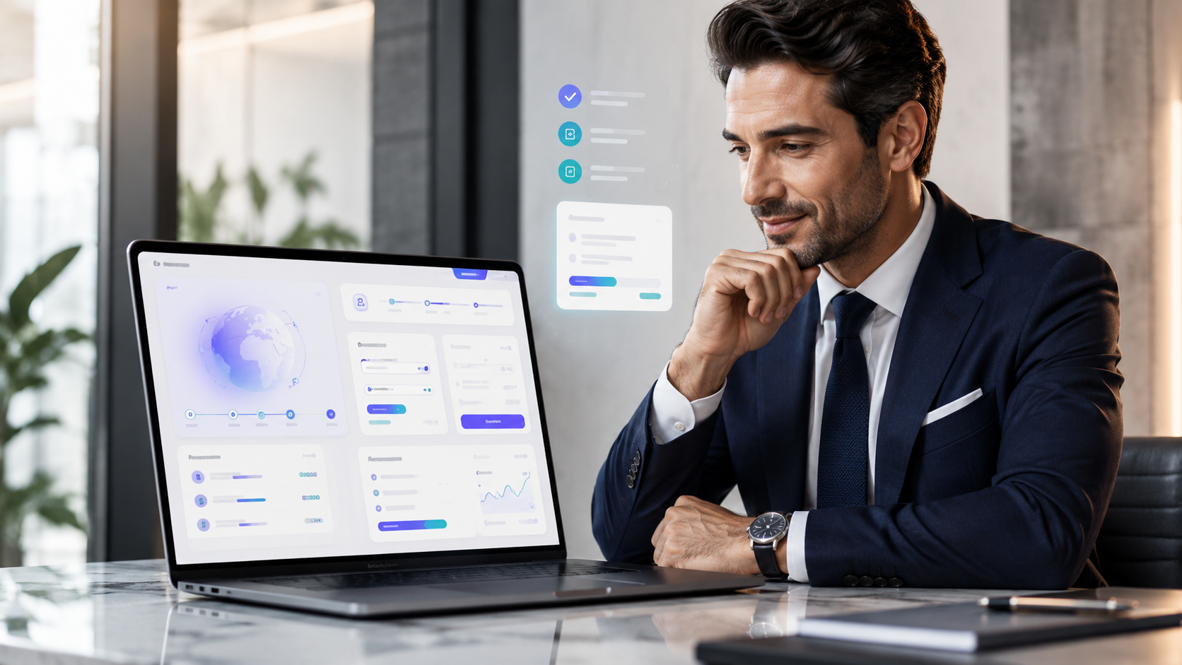 Premium editorial image of a businessman reviewing a fintech platform interface on a laptop in a modern office environment