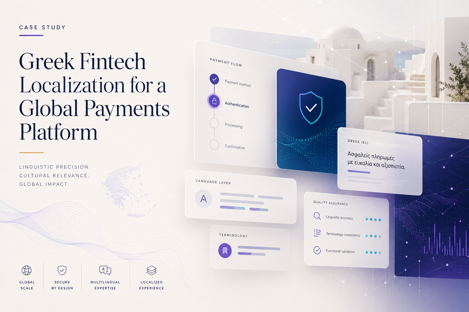 Premium editorial illustration representing Greek fintech localization for a global payments platform