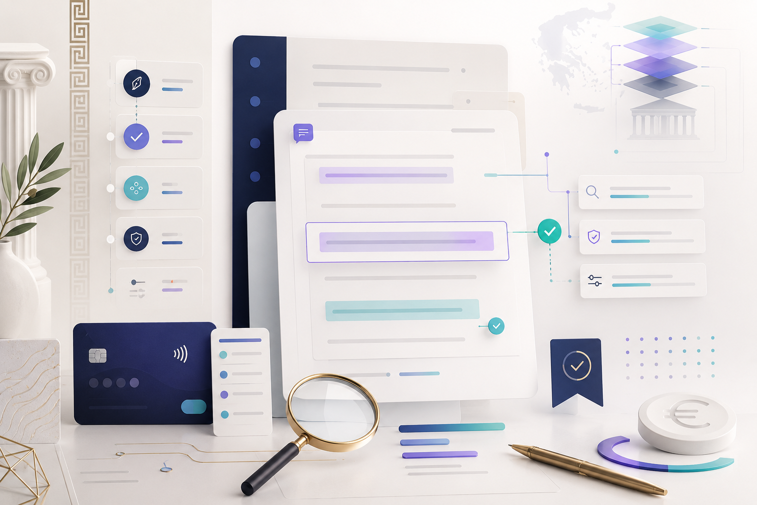 Greek UX and Content QA for Payments Premium editorial illustration showing Greek UX writing, linguistic quality assurance and content validation for a digital payments platform