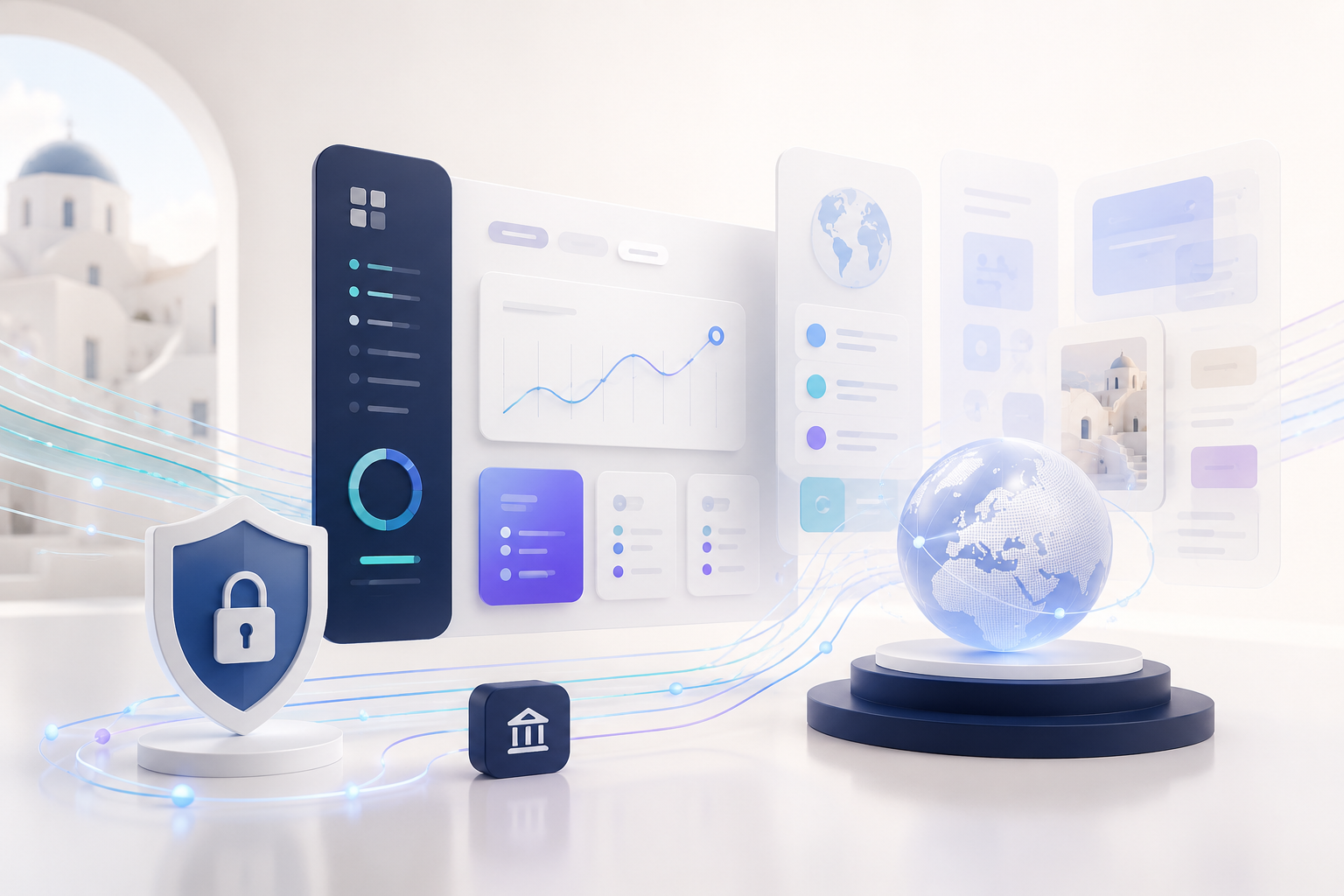 Premium editorial illustration showing secure digital payments, multilingual business content and Greek-market localization in a refined fintech environment