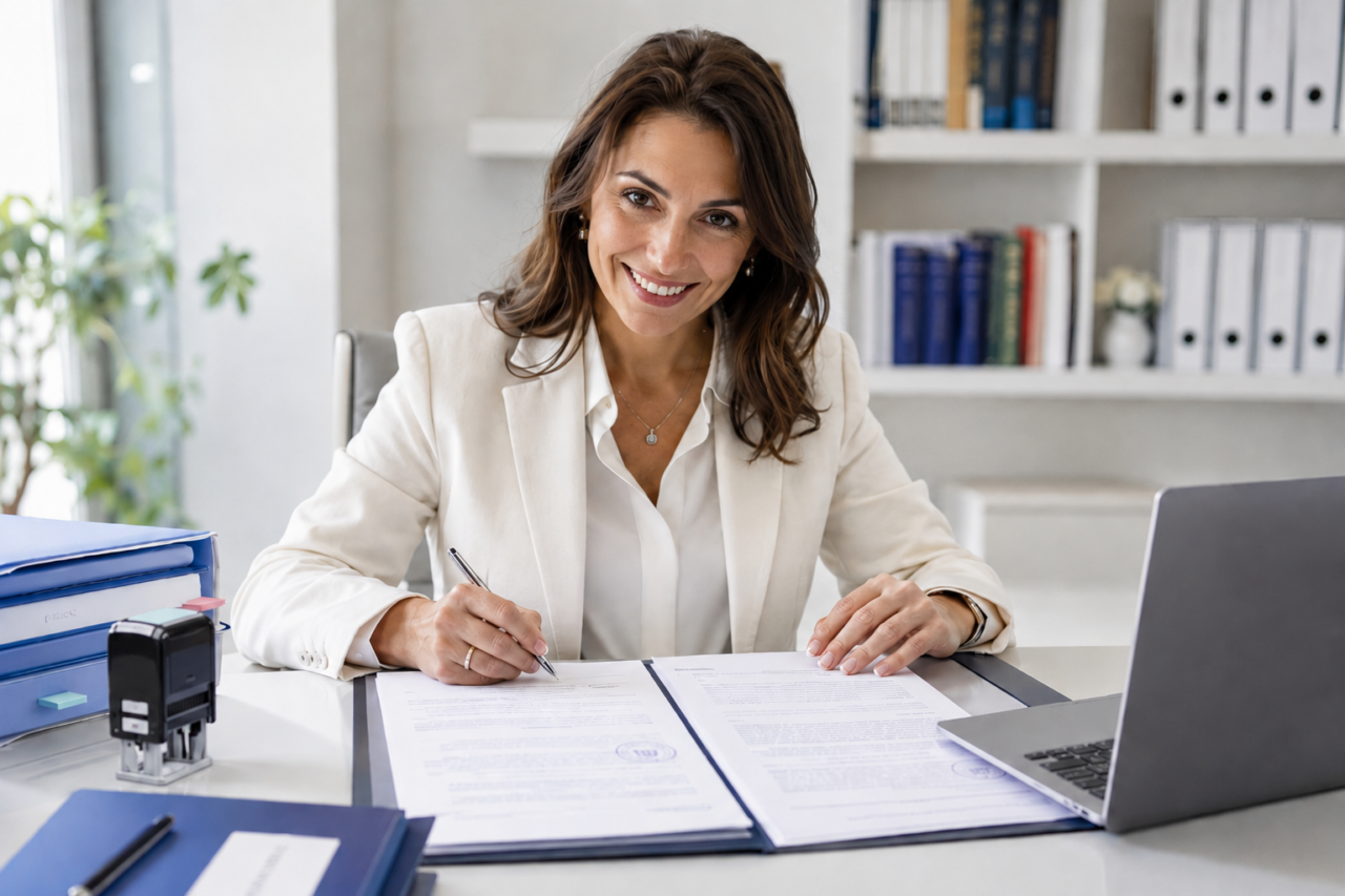 Professional woman reviewing and signing official translation documents in a modern office with certification materials and legal folders.